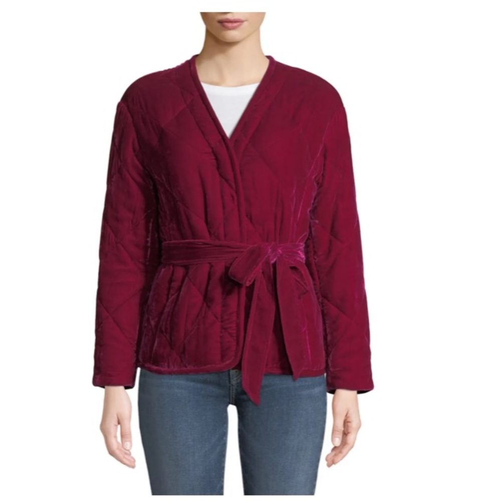 Rebecca Taylor Red Velvet Quilted Snap Front Belted Coat XS